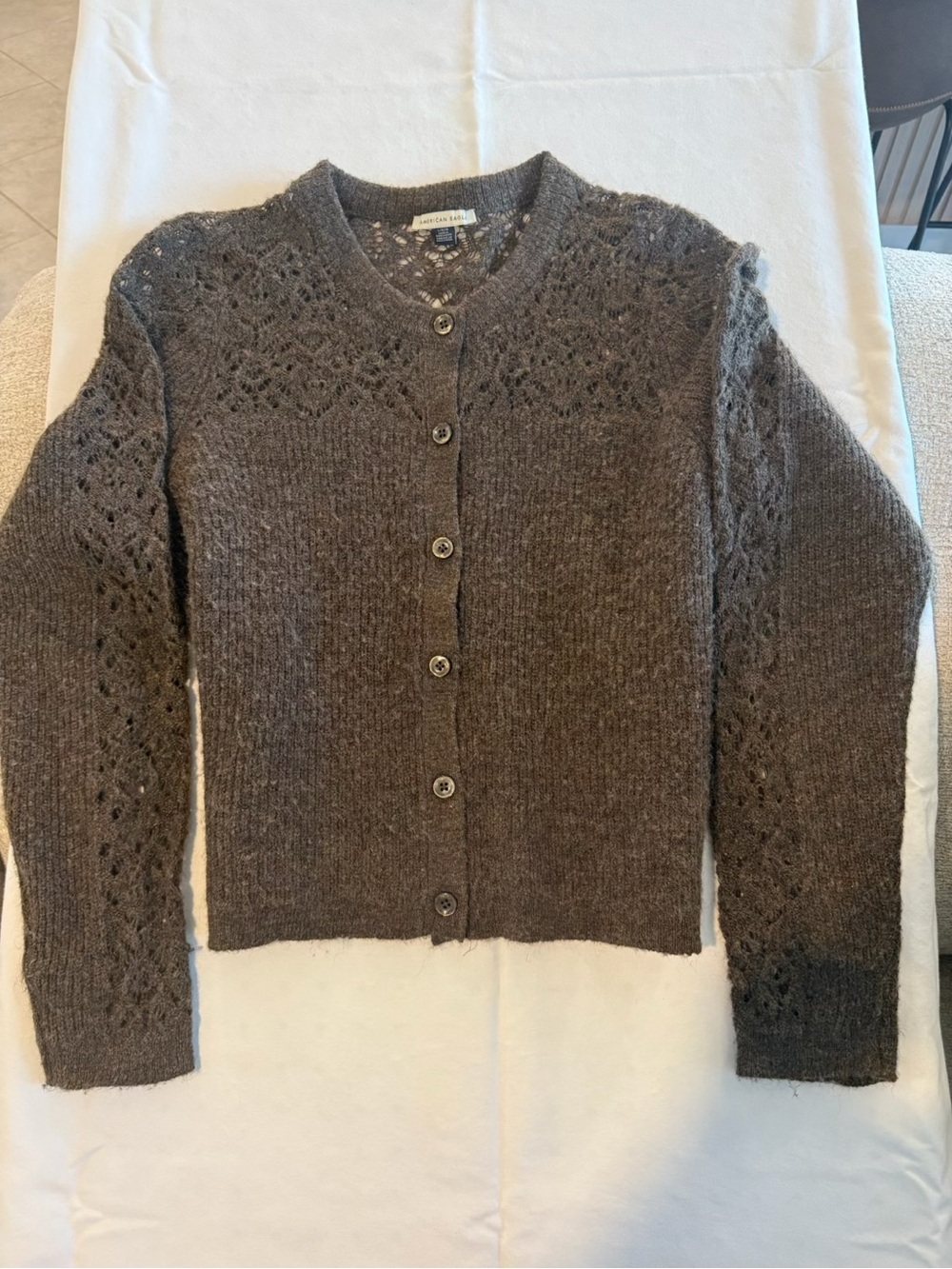 American Eagle Outfitters Brown Eyelet Knit Button-Up Cardigan